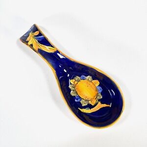 Vintage Blue Ladle Rest Tuscan Sunflower Ceramic Spoon Holder Cooking Kitchen